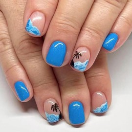 MISUD Summer Press on Nails Short Square Fake Nails Glossy Glue on Nails Blue Beach Acrylic Nail Supplies Squoval Artificial Nail Art Bling Glitter False Nails with Coconut Tree Design DIY 24 pcs