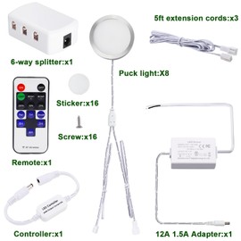 AIBOO Linkable Under Cabinet LED Lighting 12V Dimmable Puck Lights Hardwired with Wireless RF Remote Control for Kitchen Mood Lighting(8 Lights, Daylight White, NO Wall Plug)