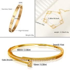 OSICAPEA Clover Bracelets for Women, 3 Pack Stainless Steel Four Leaf Clover Nail Bracelet, 18K Gold Plated Cubic Zirconia Stackable Bracelet, Lucky Love Cuff Bangle, Birthday Gift for Women