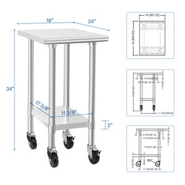 HARDURA Stainless Steel Commercial Table Prep & Work Table with Casters Heavy Duty Metal Table with Wheels NSF 430 24×18 Inches