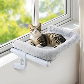 Sunhoo Cat Window Perch Hammock Sturdy Windowsill Bed Seat for Large Cats No Drilling No Suction Adjustable Kitty Shelf with Washable Cover Easy Assembly Holds up to 40 lbs 21.7 * 15 in (Grey, S)