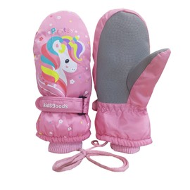 Jupsk Kids Winter Ski Gloves Waterproof Snowboard Mittens Anti Slip Plush Lined Warm Pink Unicorn Gloves for Toddler Children Girls Boys 6-12 Years Old
