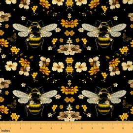 Feelyou Bee Fabric by The Yard 2 Yards Kids Fluffy Bumblebee with Flower Print Decorative Waterproof Outdoor Fabric for Boys Daisy Botanic Upholstery Fabric for Chairs Yellow Black Outdoor Fabric