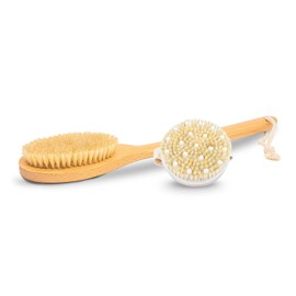 Woodlife® - Duo de cepillos largo corporal con cerdas naturales y cepillo redondo para celulitis, fabricados de madera de Pera, para cepillado humedo o seco, mejora la circulación sanguinea y exfolia la piel.
