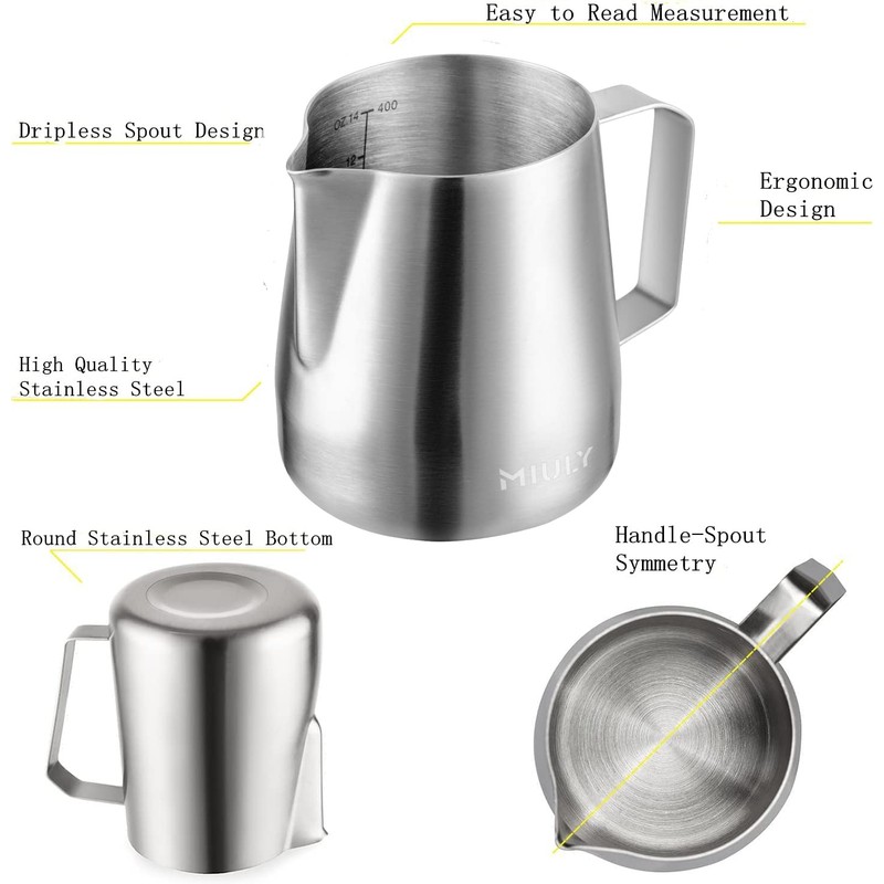 MaxMiuly Milk Frothing Pitcher,400ml Stainless Steel Milk Jug for Making