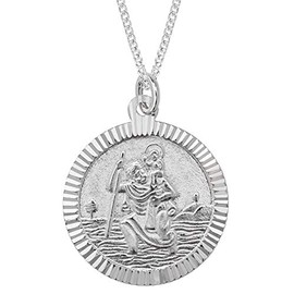 Aeon Real Sterling Silver St Christopher Medal Pendant Necklace For Women and Men. Adjustable Chain From 16 inches to 18 inches.