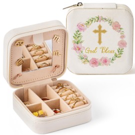 Belanttega God Bless Jewelry Box for Women Girls - Easter First Communion Gifts Cross Floral Portable Travel Jewelry Case Pink Gold Small Jewel Organizer Box, Baptism Wedding Gift for Girls