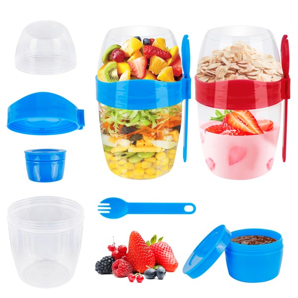Pack of 2 Cereal Cups to Go Large Yoghurt Cups Children's Salad Cups Porridge Cups with Spoon Lid 310 ml + 560 ml Cereal Container Yoghurt Cereal Box Dressing Breakfast Container 3 in 1 Overnight Oats