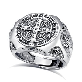 EUDORA S925 Sterling Silver St Benedict Ring San Benito Rings for Women Men, Vintage Saint Benedict Amulet Adjustable Ring Christian Catholic Jewelry Gifts for Women Mens Mother Father