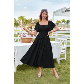 GRACE KARIN Women's Short Sleeve Smocked Square Neck A Line Summer Flowy Maxi Long Dress Black L