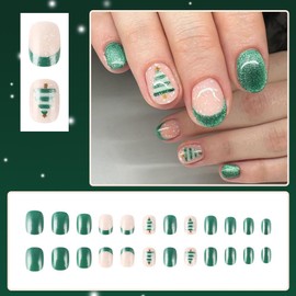 24 Pcs Glitter Christmas Press on Nails Short Square - MINGCHUN Glossy Fake Nails Green French False Nails with Christmas Tree Design Acrylic Nails Full Cover Glue on Nails Christmas Nails Press on