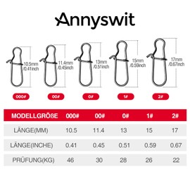 Annyswit 100 Pieces/5 Sizes Fishing Snap for Swivels Fishing Set 2# 1# 0# 00# 00# 000# Quick Change Trout Carabiner Snaps with Duo Lock Easy Snap for Trout & Pike & Bass Bait Swivel