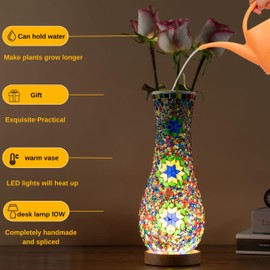 JAITAIK Turkish Moroccan Table Lamp, Mosaic Vase Lamp, Colorful Handmade Glass Vase, Decorative Lamp, Vase, Water-Fillable, Three-Color Light, Fit for Ambient Living Room Farmhouse