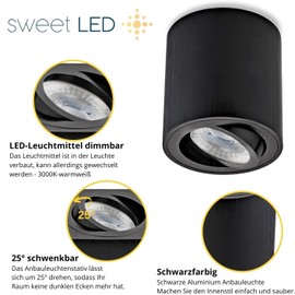 Sweet Led Surface-Mounted Spotlight GU10 Dimmable Aluminium Ceiling Spotlights 7 W 3000 K Spotlight Warm White 230 V Surface-Mounted Spotlight Round Ceiling Light Brushed Black Surface-Mounted