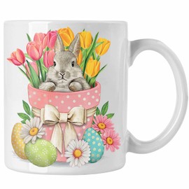 Trendation - Cup Easter Gifts Children Teenagers Gifts Funny Graphic Easter Bunny Easter Eggs Tulips (White)