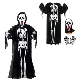 AmzBarley Halloween Cosplay Costume, Skull, Reaper Goddess Ghost, Ghosts, Classic "Mask + Skull Cloak + Gloves" Set of 3 for Adults, Costume Set, Skeleton, Horror Halloween Skull Mask, Full Body Skeleton Costume, Black