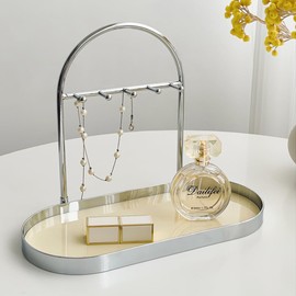 Shinpuru Metal Jewelry Organizer Stand & Key Holder Tray with Acrylic Base, Key Stand and Jewelry Tray with 5 Hooks, Perfect Key Bowl, Valet Tray, Key Tray, Ring Holder, Jewelry Dish (Silver Creamy)