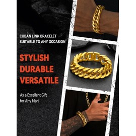 FaithHeart Gold Bracelet for Men, 17mm Width Stainless Steel Wrist Bracelets Men's Hip Hop Jewelry 9.1 Inch Length