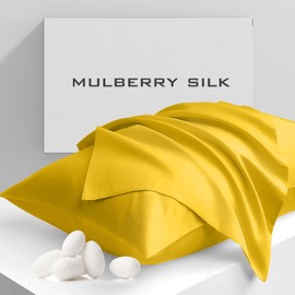 Cobnom Mulberry Silk Pillowcase Set, 2 PCS, 600 Thread Count, Breathable, Smooth (20"x26", Mimosa Yellow)