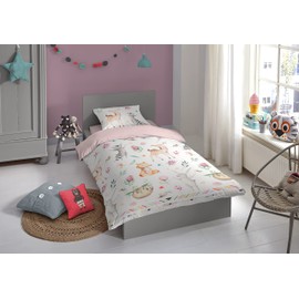 Soma Renforcé Pastel Children's Bedding Set 2-Piece Duvet Cover 135 x 200 cm 80 x 80 cm (Forest Animals Pink White)