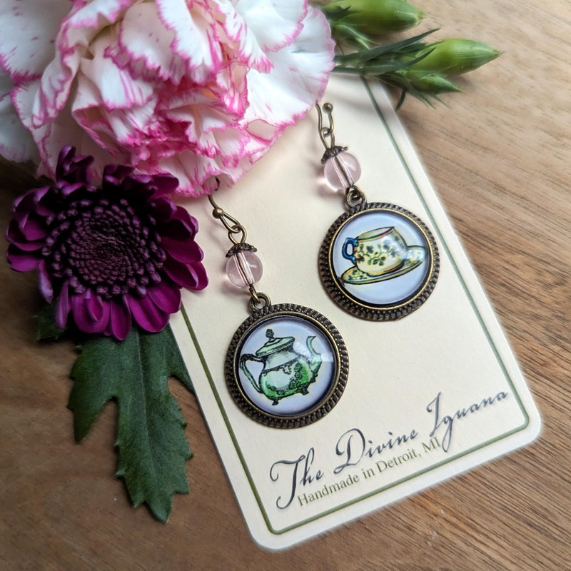 Green Teapot And Teacup Earrings