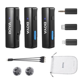 BOYALINK-A2 Wireless Lapel Microphone,BOYA Dual Channel Wireless Microphone with 3.5MM/USB-C/Lightning Adapter,Mono/Steoro Switchable,Mute Microphone for Video Audio Recording