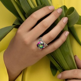 925 Sterling Silver Statement Ring with Bold Round Cubic Zirconia - Floral Butterfly Vintage Design - Hypoallergenic, Nickel & Lead-free - Artisan Handcrafted Designer Collection - Mystic