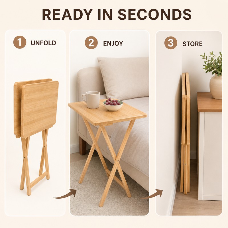 Natural Folding Rubberwood TV Tray Table - Space-Saving Snack &