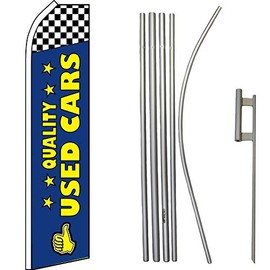 AES Quality Used Cars Blue/Yellow with Black/White Checkered Swooper Super Flag & 16ft Flagpole Kit/Ground Spike