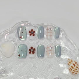 Medium Square Press on Nails Cat Eye Handmade False Nails with Designs, French Tip Short Coffin Reusable Fake Nails (Blue Cat Eye#Medium)