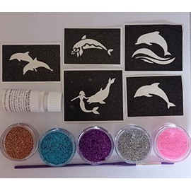Dolphin Glitter Tattoo Set Including 30 Stencils + Glitter + Glue