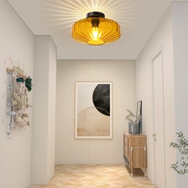 blusun Semi Flush Mount Ceiling Light, 11.8" Vintage Ceiling Light, 1-Light Mid Century Modern Close to Ceiling Light Fixtures with Drum Amber Glass Shade for Bedroom Kitchen Hallway Entryway Foyer
