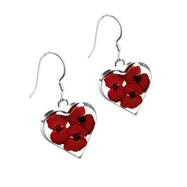 Shrieking Violet 925 Sterling Silver Heart Real Flower Drop Earrings - Poppy (Red)
