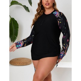 Halcurt Plus Size Rash Guard for Women UPF 50+ Zip Drawstring Ruched Pocket Top, Black Paisley, 4X