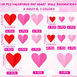 NOVWANG 120 PCS Valentines Day Wall Decorations, 3D Heart Red Rose Pink Valentine Wall Stickers Wall Decals, for Wedding Anniversary Party Bedroom Home Office Nursery Elementary Classroom Decor