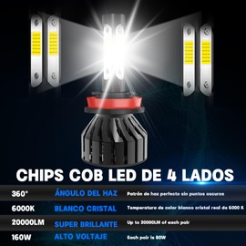 Duo Lu Tong - H11/H8/H9 Kit de Conversión, Bombilla LED para Faros Delanteras, 20000LM, 160W, 300% Más Brillante 6000K Blanca Luz Alta y Baja Luces Antiniebla, Plug & Play, 2 Paquetes