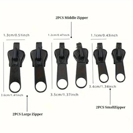 6 Pieces Zipper Replacement - Set of 3 Sizes (Black) for Clothes, Bags, Suitcases - Practical Zipper Repair Kit
