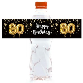 24 Black and Gold 80th Birthday Party Water Bottle Labels, Birthday Party Water Bottle Sticker Labels,80th Birthday Party Supplies for 80th Wedding Anniversary Party Celebration Decor.