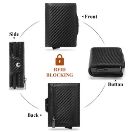 SENDEFN Men's Leather Wallet with Coin Compartment and RFID Protection, Slim Wallet Credit Card Holder, Aluminium Pop-Up Card Holder for 7 Cards, Black with matte print, Fastened