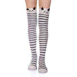 Wander G Womens Over Knee High Fuzzy Socks Cute Cartoon Thigh High Stockings Warm Stripe Leg Warmers, 1 Pair Stripe Cat, One Size