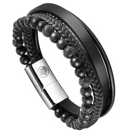 Casisto.J Men's Leather Bracelet Braided Beads Stainless Steel Brown Black Blue with Magnetic Clasp Jewellery in Gift Box