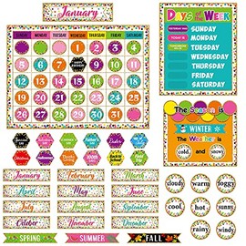 Calendar Bulletin Board Set, Calendar Seasons Weather Chart CTP Bulletin Board and Classroom Display with Stickers for School Classroom Bedroom Wall Decoration (Confetti Style)