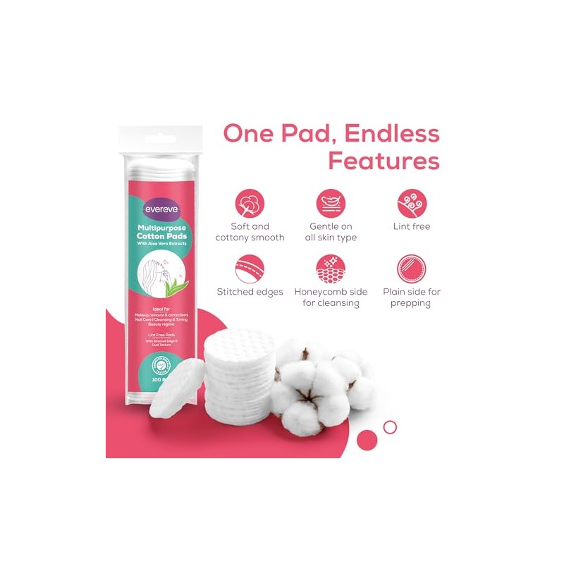 Evereve Multipurpose Cotton Pads, 200 Pcs, 100% Cotton, With Aloe