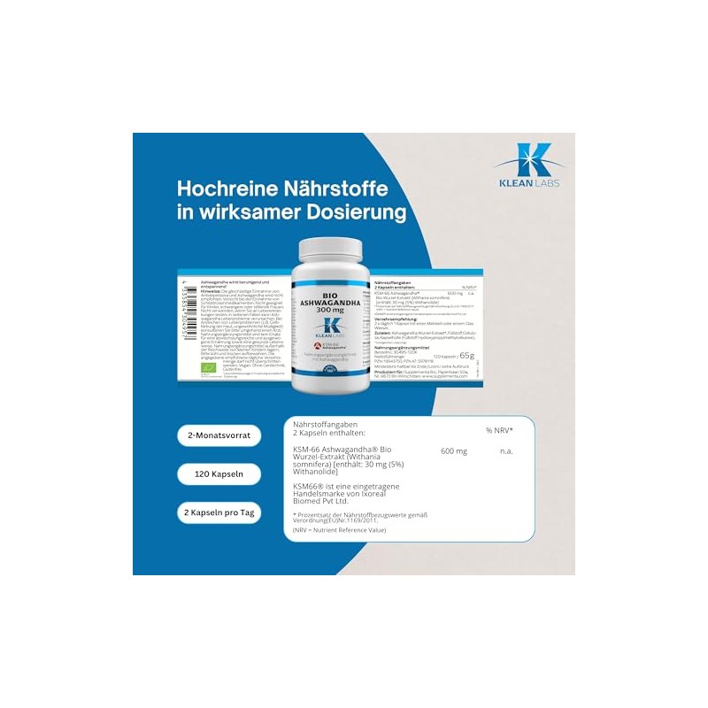 Ashwagandha Bio Wurzel-Extrakt 300 mg | Klean-Labs