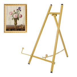 Table Top Easel Stand for Display, 16.5" H Gold Metal Easel Stand Picture Art Stand, Tripod Plate Stand with Chain Support, Picture Frame Holder Stand for Display Photo Collectibles Artwork Picture