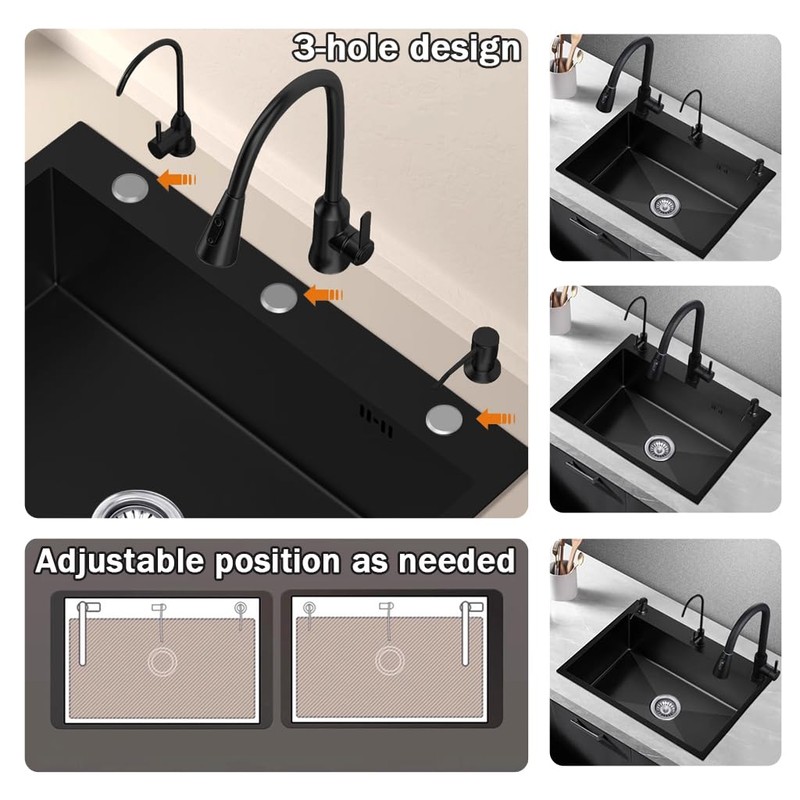 19.7 * 17.7in Drop In Kitchen Sink,Black Stainless Steel Single