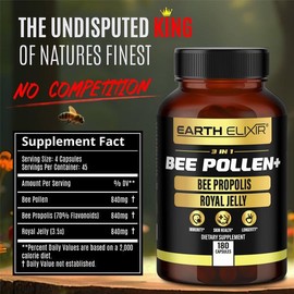 Earth Elixir 3-in-1 Bee Pollen Organic 840mg (180 Caps) W/ 840mg Bee Propolis & 840mg Royal Jelly - Organic Bee Pollen - Natural Dietary Fitness