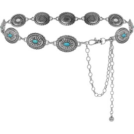 Heyjoin Women Concho Chain Belt Western Cowgirl Waist Chain Adjustable Metal Link (Oval Turquoise Silver-S)