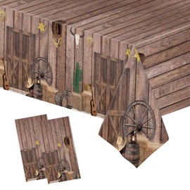 2PCS Western Party Tablecloth, 54 x 108 Inch Disposable Plastic Brown Wood Cowboy Table Cover Rustic Farmhouse Wooden House West Theme Birthday Decorations for Western Barn Outdoor Indoor Baby Shower