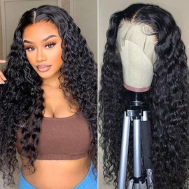 Axincheng (Deep Wave Lace Front Wigs Human Hair 13x4 Lace Frontal Curly Wigs for Black Women Wet and Wavy 130% Density Human Hair Pre Plucked with Baby Hair Natural Hairline18inch